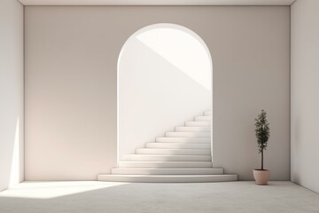 Modern minimalist interior with stairs and arch. A conceptual representation. Generative AI