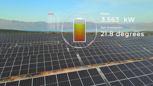 Infographic with battery loading and grid scanning of photovoltaic solar panel farm. 3D render