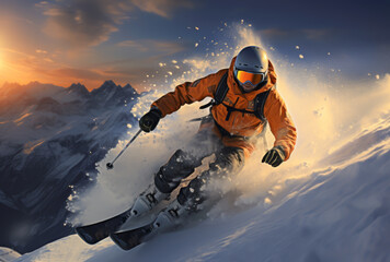 skier is skiing down the slope of a snowy mountain, winter extreme sports - obrazy, fototapety, plakaty