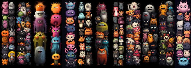 An ultra-wide collage of irresistibly cute, furry cartoon creatures, each one a delightful embodiment of charm and whimsy