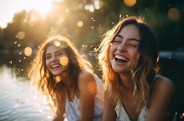 two women friend happy laughing with joy together at lake or river , Generative Ai - obrazy, fototapety, plakaty
