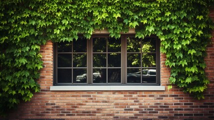 A double-hung window framed by ivy on a brick wall.