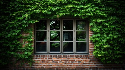 Fototapeta na wymiar A double-hung window framed by ivy on a brick wall.