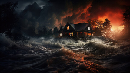 Violent storm with a house. Disaster scenario. - obrazy, fototapety, plakaty
