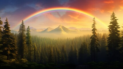 A double rainbow over a forest.