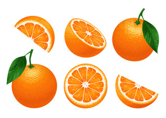 Orange fruit. Set of oranges isolated on a white background. Whole orange with leaves, cut in half and slices.