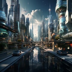 Futuristic city with lake, reminiscent of Atlantis, futuristic city scene. Cars in the futuristic city - obrazy, fototapety, plakaty