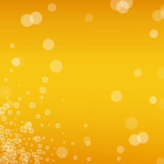 Oktoberfest background. Beer foam. Craft lager splash. Czech pint of ale with realistic bubbles. Cool liquid drink for pab. Orange menu layout. Yellow mug for beer background.