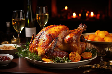 Christmas turkey dinner. Belek turkey garnished with red berries and sage leaves. - obrazy, fototapety, plakaty