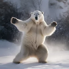 Tuinposter polar bear playing in the snow, snow rain © Rebeca Souza