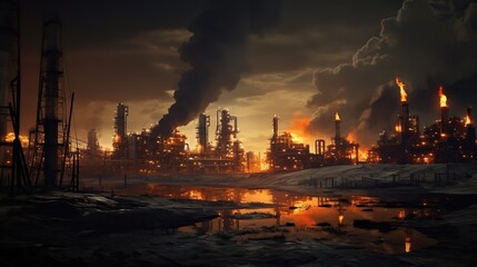 Burning oil refinery