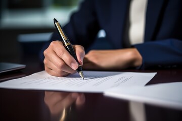person signing document with pen and paper at table