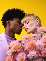 Man and woman kissing against color background