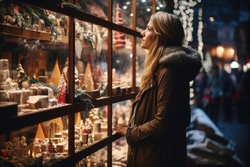 Girl walking in Christmas market decorated with holiday lights in the evening. - obrazy, fototapety, plakaty