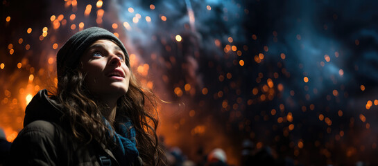 The girl looks up at the beautiful fireworks, flashes in the sky. Panorama with place for your text