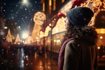 Girl walking in Christmas market decorated with holiday lights in the evening.