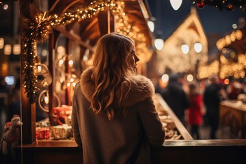 Girl walking in Christmas market decorated with holiday lights in the evening.