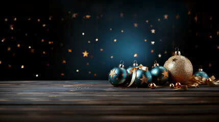 Blue small Christmas balls and one big gold one on a wooden table on a blue blurred background with bokeh. Winter holidays banner. Close-up. Generative AI