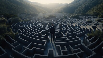 Photo of a man exploring a labyrinthine maze nestled in the heart of a majestic mountain