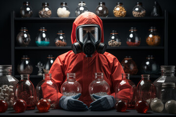 Healthcare person with red Biohazard Suit and gas mask with different kind of medicine bottles in background on International Day of Epidemic Preparedness