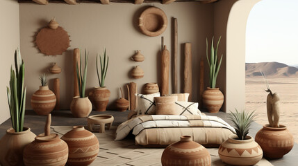 Interior with clay pots in Navajo style created with Generative AI technology