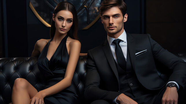 Elegant couple, young man and woman sitting on a couch in elegant evening official classic clothes. Creative banner for store of suits and elite evening dresses. 