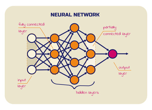 Scheme of neural networks with signatures. Input, hidden and output layers, fully connected and partially connected layers.