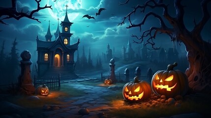 Photo of a spooky Halloween scene with glowing Jack-o'-lantern pumpkins