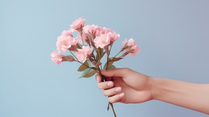 Hand holding bouquet of flowers. isolated on flat pastel background, copy space. Fresh flowers, pleasant surprise. Pastel colors. 