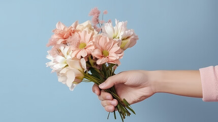Hand holding bouquet of flowers. isolated on flat pastel background, copy space. Fresh flowers, pleasant surprise. Pastel colors. 