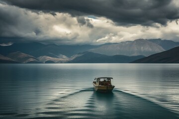 A boat on a lake with mountains, clouds, and hills in the background. Generative AI
