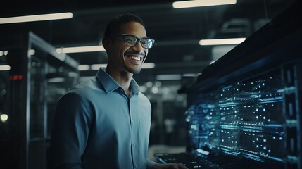 Photo of a man using a computer with glasses on