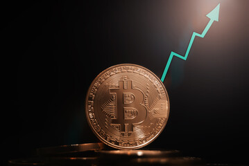 BTC COIN shows market growth. BTC on a green background shows market growth.