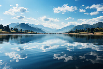 A calm, glassy lake reflecting a clear blue sky, creating a serene image. Concept of peaceful lake. Generative Ai.