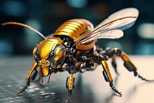 Futuristic robot insects, androids. Close-up and macro images of modified ants, wasps, bees. Concept of futuristic world. Generative AI