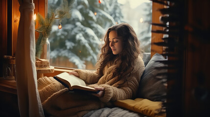 Woman sitting near window at home and reading a book, wrapped in warm clothes. Lifestyle. Cozy winter activities, winter hobbies.  - obrazy, fototapety, plakaty