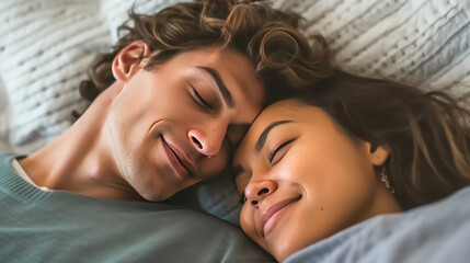 happy couple sleeping in bed, closeup