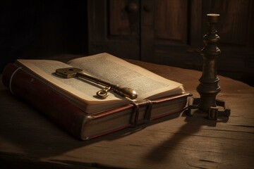 An old book rests on a wooden table alongside an ancient key. Generative AI