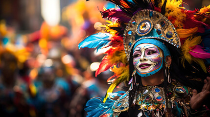 woman celebrating Bolivian carnival, colorful and feather mask, Latin American culture and tradition, street carnival, typical clothing, native festivals - obrazy, fototapety, plakaty