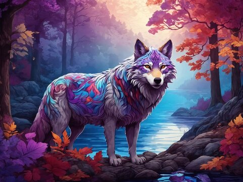 wolf in the forest, fantasy theme, ai generated