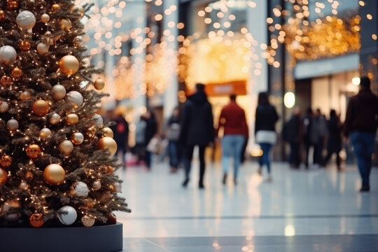 Shopping mall decorated for Christmas time. Crowd of people looking for presents and preparing for the holidays. Abstract blurred defocused image background. Christmas holiday, Xmas shopping, sale