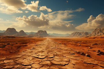 Fototapeta premium A dusty, arid desert landscape shimmering in the scorching sun. Concept of desert heat. Generative Ai.