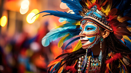 woman celebrating Bolivian carnival, colorful and feather mask, Latin American culture and tradition, street carnival, typical clothing, native festivals - obrazy, fototapety, plakaty