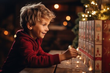 Cute smiling little girl opens an advent calendar. Time for Christmas gifts and miracles. Family traditions for Christmas. Girl enjoys Christmas gifts - obrazy, fototapety, plakaty