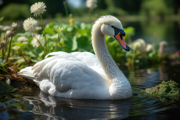 Obraz premium The graceful curve of a swan's neck as it glides across a tranquil pond. Concept of natural elegance. Generative Ai.