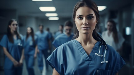 Photo of a healthcare worker in scrubs standing in a hospital hallway
