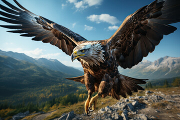 The graceful flight of a majestic eagle against a clear, azure sky. Concept of the beauty of nature. Generative Ai. - obrazy, fototapety, plakaty