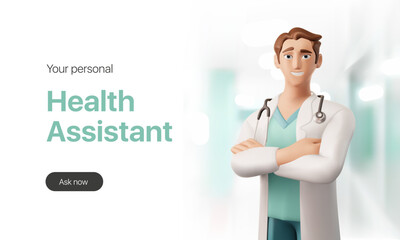 Web banner for clinical diagnostics. 3d character of a crossed arms doctor in a white coat with a stethoscope for a landing page. Vector illustration eps10 - obrazy, fototapety, plakaty