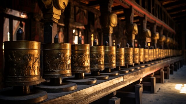 A group of prayer wheels spinning beside a golden Buddha shrine.