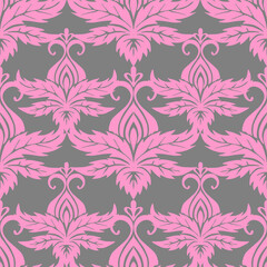 seamless symmetrical pattern of abstract pink plant elements on a gray background, texture, design